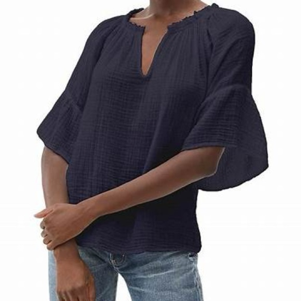 Michael Stars Black Savannah Flutter Sleeve Cotton Gauze Top, NEW with tags